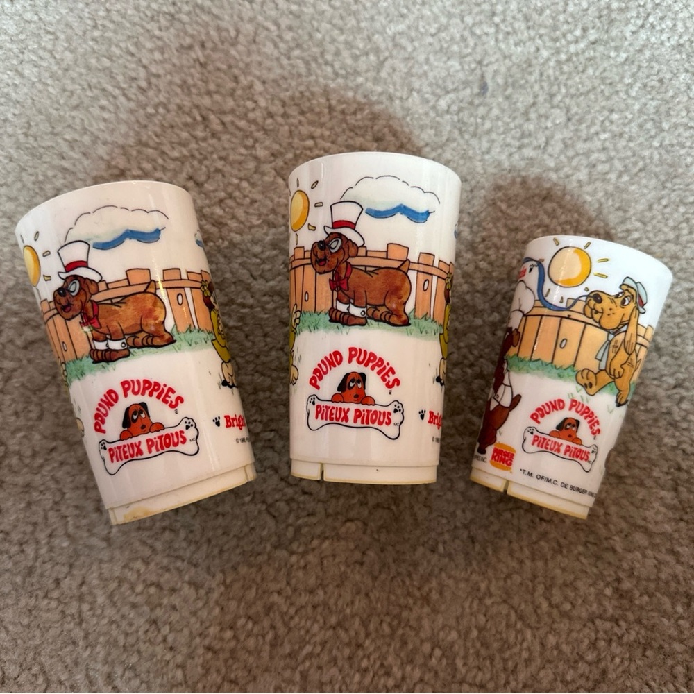 Vintage 1986 Burger King Pound Puppies Cups Deka Plastics USA Set of 3 HTF!